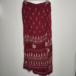 Angie Maroon Bandhani Wrap Skirt Large Red Boho Tie-Dye Rayon Flowy Festival